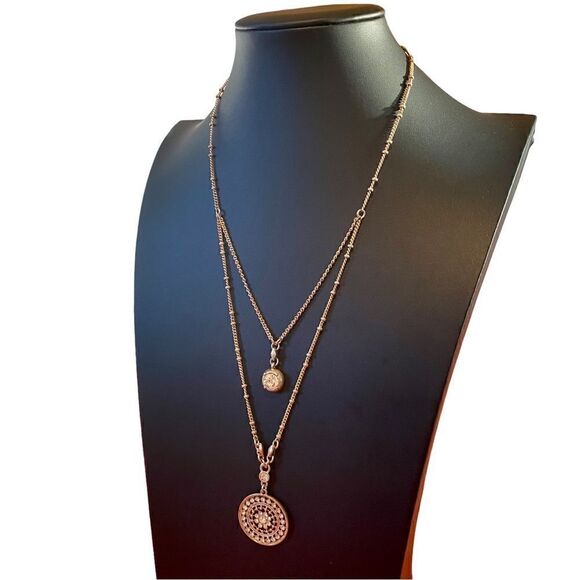 Beautiful Double Chain Matte Gold Toned Pave Crystal Pendant Necklace . - Picture 5 of 5